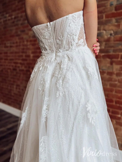 Romantic Lace Wedding Dress with Slit, Removable Puff Sleeve, Sweetheart Neck – LA119-wedding dresses 2025 -Viniodress-Ivory-Custom Size-