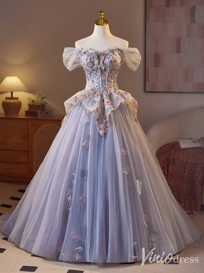 Romantic Lavender Floral Corset Ball Gown – Off-Shoulder Fairy Tale Dress with Tulle Overskirt & 3D Butterfly Appliqués BJ074-prom dresses 2025 -Viniodress-Lavender-Custom Size-