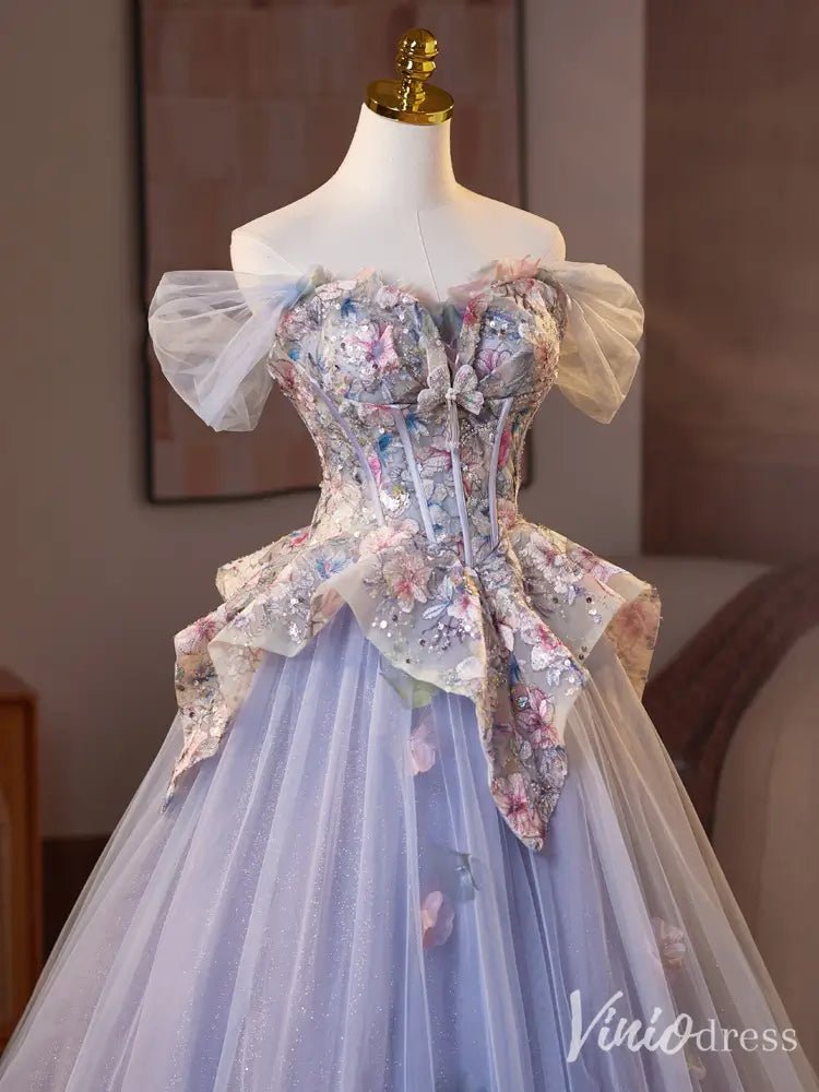 Romantic Lavender Floral Corset Ball Gown – Off-Shoulder Fairy Tale Dress with Tulle Overskirt & 3D Butterfly Appliqués BJ074-prom dresses 2025 -Viniodress-Lavender-Custom Size-