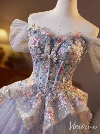 Romantic Lavender Floral Corset Ball Gown – Off-Shoulder Fairy Tale Dress with Tulle Overskirt & 3D Butterfly Appliqués BJ074-prom dresses 2025 -Viniodress-Lavender-Custom Size-