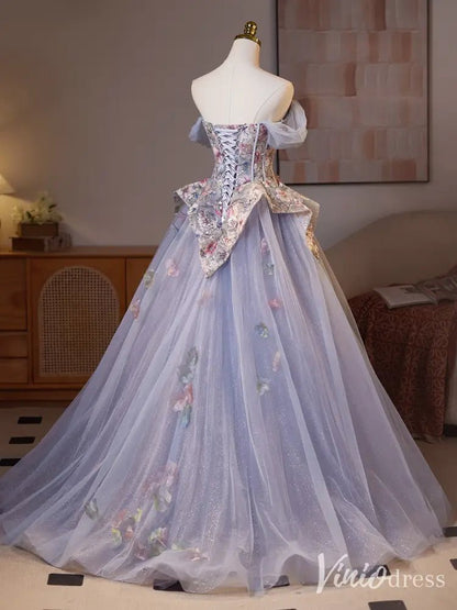 Romantic Lavender Floral Corset Ball Gown – Off-Shoulder Fairy Tale Dress with Tulle Overskirt & 3D Butterfly Appliqués BJ074-prom dresses 2025 -Viniodress-Lavender-Custom Size-
