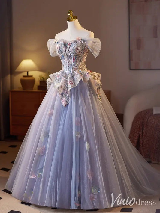 Romantic Lavender Floral Corset Ball Gown – Off-Shoulder Fairy Tale Dress with Tulle Overskirt & 3D Butterfly Appliqués BJ074-prom dresses 2025 -Viniodress-Lavender-Custom Size-