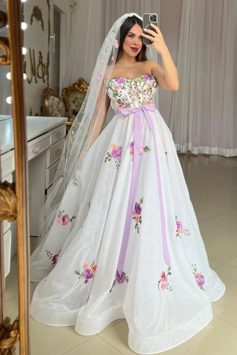 Romantic Lavender Floral Embroidered Wedding Dress with Corset Bodice, Bow Waist & Puff Sleeves – FW246-wedding dresses 2025 -Viniodress-Lavender-Custom Size-