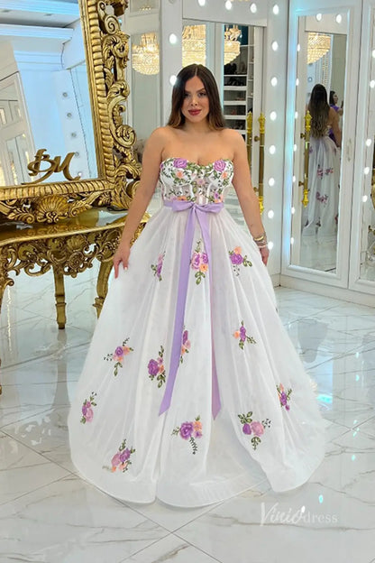 Romantic Lavender Floral Embroidered Wedding Dress with Corset Bodice, Bow Waist & Puff Sleeves – FW246-wedding dresses 2025 -Viniodress-Lavender-Custom Size-