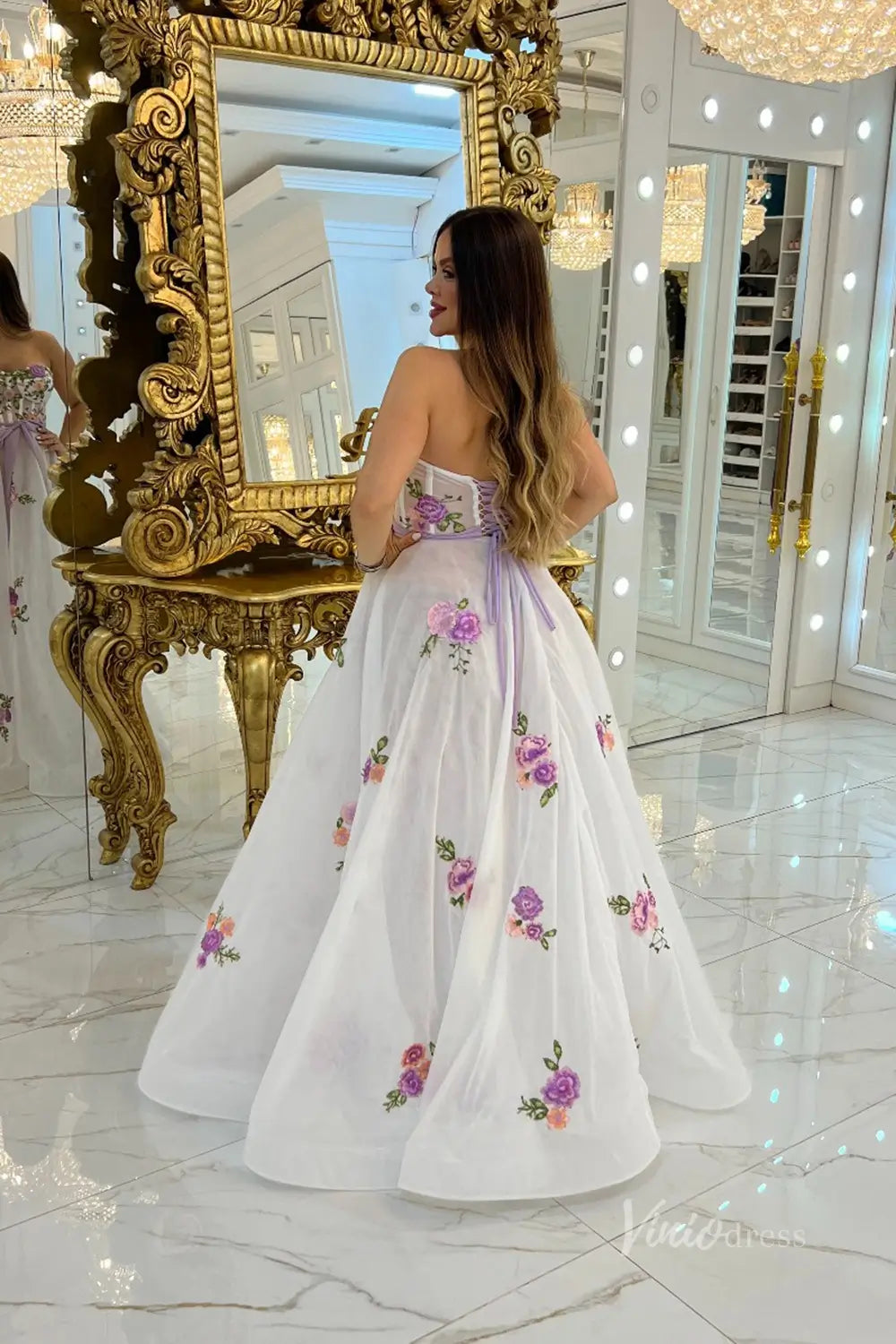 Romantic Lavender Floral Embroidered Wedding Dress with Corset Bodice, Bow Waist & Puff Sleeves – FW246-wedding dresses 2025 -Viniodress-Lavender-Custom Size-