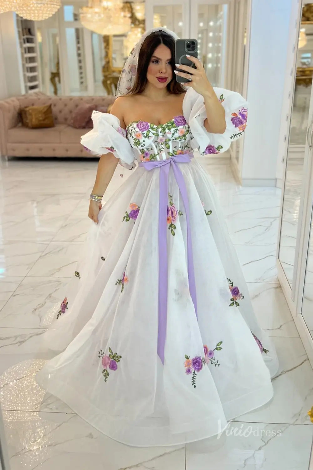 Romantic Lavender Floral Embroidered Wedding Dress with Corset Bodice, Bow Waist & Puff Sleeves – FW246-wedding dresses 2025 -Viniodress-Lavender-Custom Size-