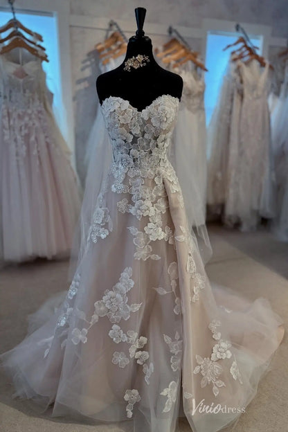 Romantic Nude Floral Lace A-Line Wedding Dress with Strapless Sweetheart Bodice, 3D Appliqués & Layered Tulle Skirt – LA156