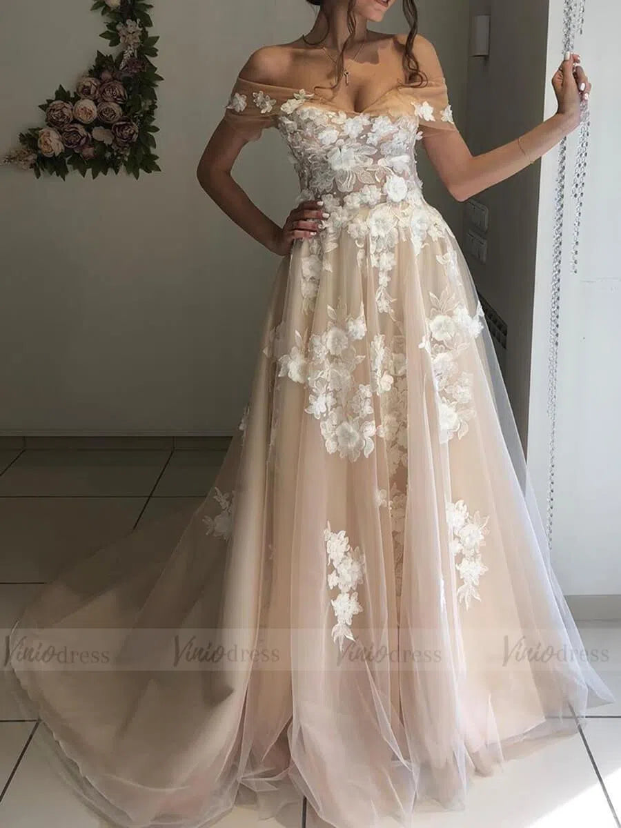 Romantic Nude Tulle Wedding Dress Off-the-Shoulder A-Line Gown with White 3D Flowers & Corset BackVW1368-wedding dresses 2025 -Viniodress-Nude-Custom Size-