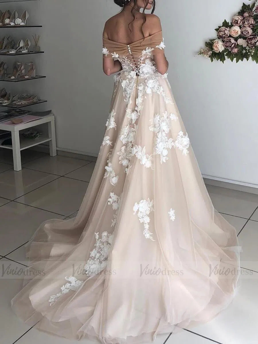 Romantic Nude Tulle Wedding Dress Off-the-Shoulder A-Line Gown with White 3D Flowers & Corset BackVW1368-wedding dresses 2025 -Viniodress-Nude-Custom Size-