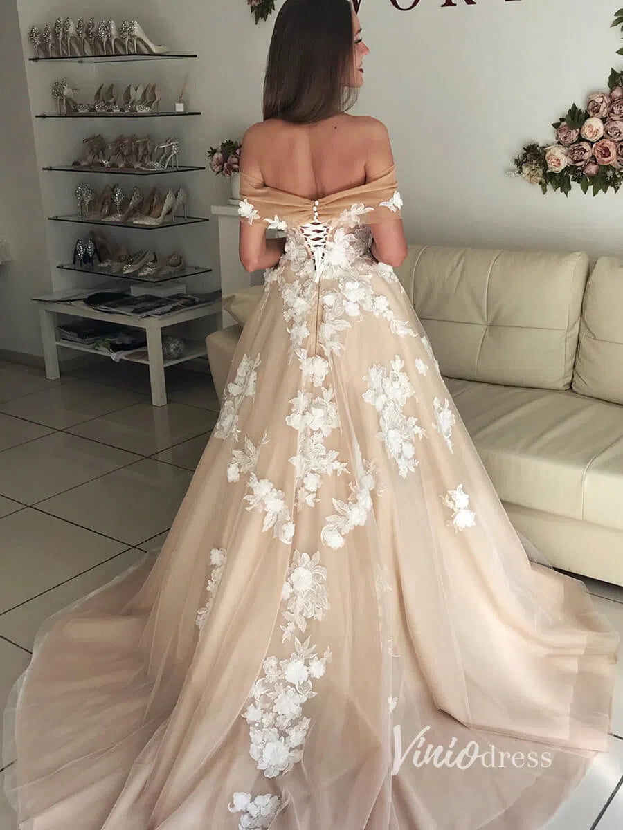 Romantic Nude Tulle Wedding Dress Off-the-Shoulder A-Line Gown with White 3D Flowers & Corset BackVW1368-wedding dresses 2025 -Viniodress-Nude-Custom Size-