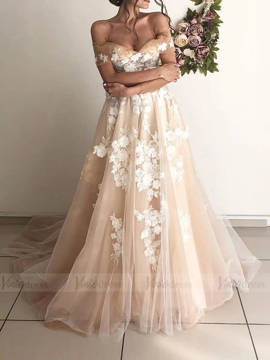 Romantic Nude Tulle Wedding Dress Off-the-Shoulder A-Line Gown with White 3D Flowers & Corset BackVW1368-wedding dresses 2025 -Viniodress-Nude-Custom Size-