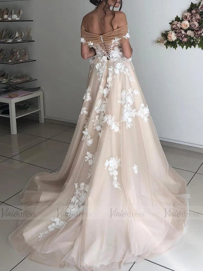 Romantic Nude Tulle Wedding Dress Off-the-Shoulder A-Line Gown with White 3D Flowers & Corset BackVW1368-wedding dresses 2025 -Viniodress-Nude-Custom Size-