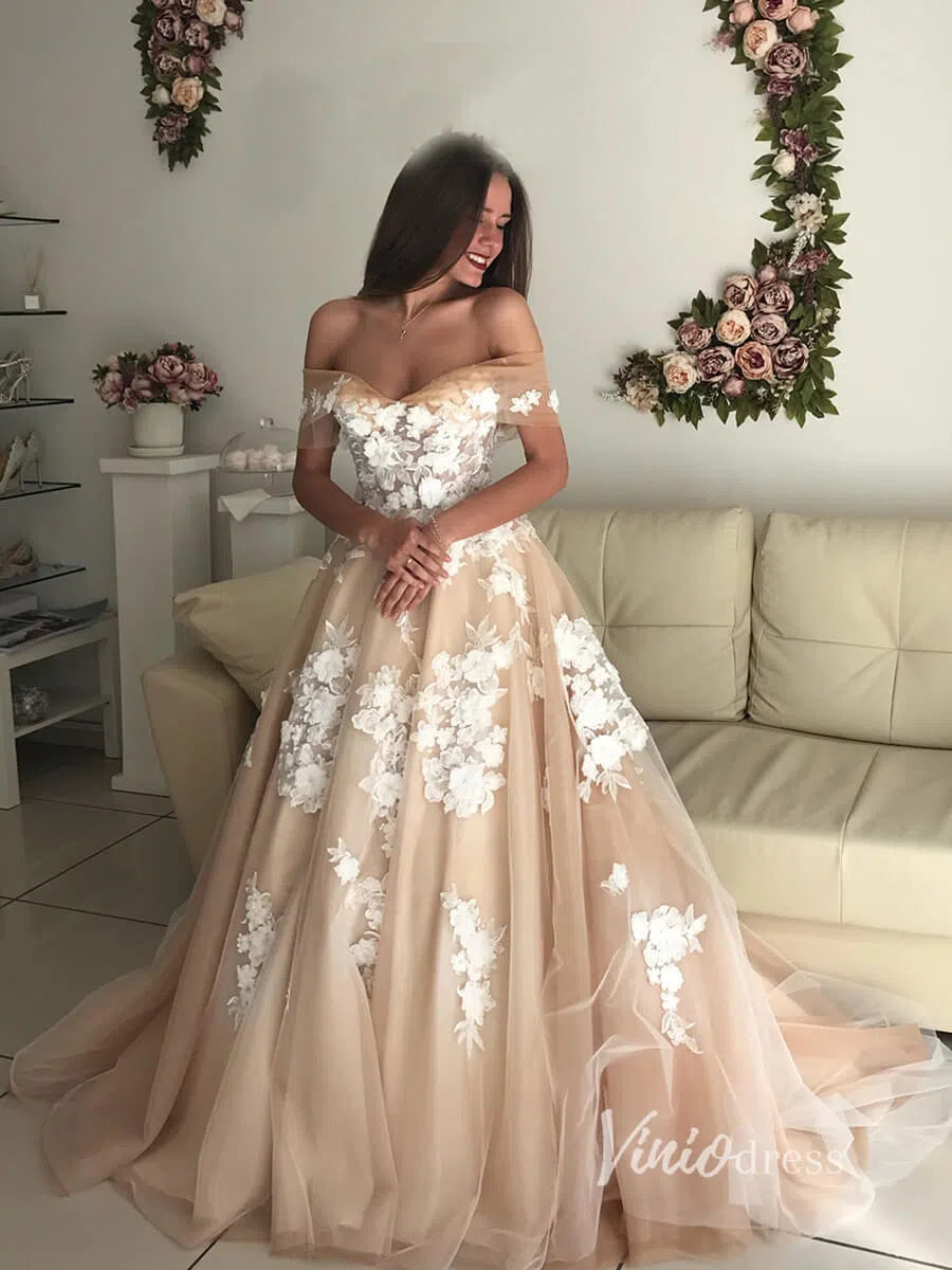 Romantic Nude Tulle Wedding Dress Off-the-Shoulder A-Line Gown with White 3D Flowers & Corset BackVW1368-wedding dresses 2025 -Viniodress-Nude-Custom Size-