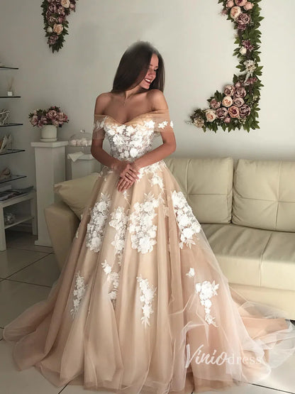 Romantic Nude Tulle Wedding Dress Off-the-Shoulder A-Line Gown with White 3D Flowers & Corset BackVW1368-wedding dresses 2025 -Viniodress-Nude-Custom Size-
