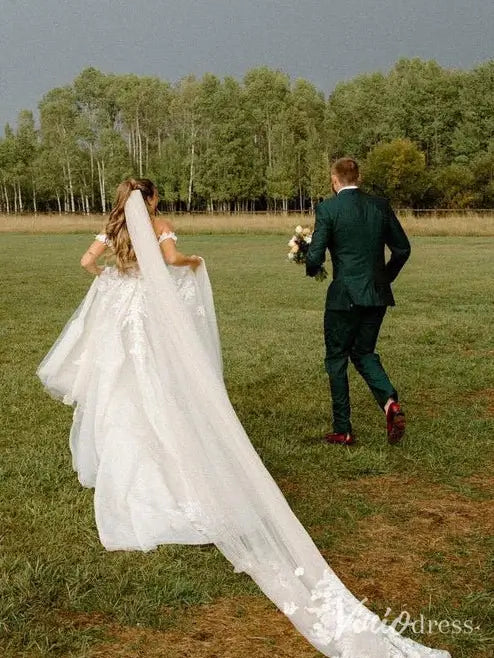 Romantic Off Shoulder A-Line Wedding Dress with Lace Appliqué and Tulle Skirt – LA101-wedding dresses 2025 -Viniodress-Ivory-Custom Size-