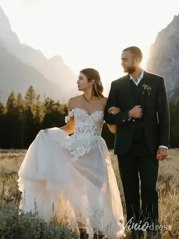 Romantic Off Shoulder A-Line Wedding Dress with Lace Appliqué and Tulle Skirt – LA101-wedding dresses 2025 -Viniodress-Ivory-Custom Size-