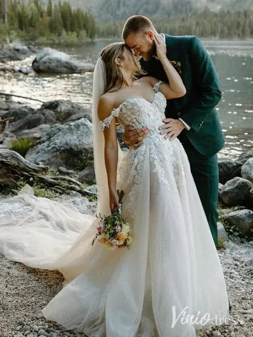 Romantic Off Shoulder A-Line Wedding Dress with Lace Appliqué and Tulle Skirt – LA101-wedding dresses 2025 -Viniodress-Ivory-Custom Size-
