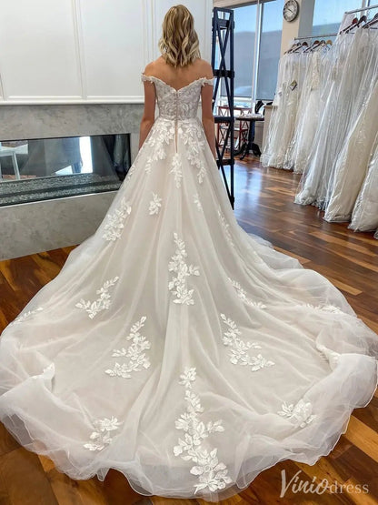 Romantic Off-Shoulder Lace Tulle Wedding Dress with Cathedral Train – VW2546-wedding dresses 2025 -Viniodress-Beige-Custom Size-