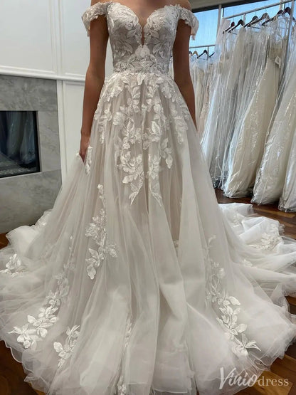 Romantic Off-Shoulder Lace Tulle Wedding Dress with Cathedral Train – VW2546-wedding dresses 2025 -Viniodress-Beige-Custom Size-