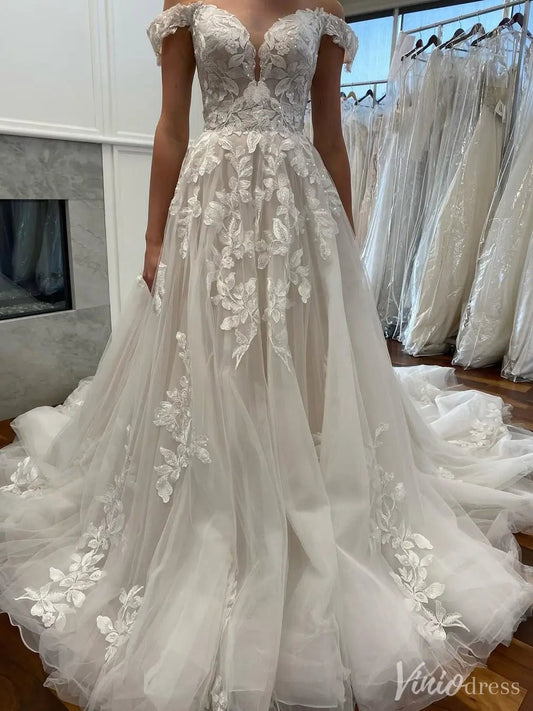 Romantic Off-Shoulder Lace Tulle Wedding Dress with Cathedral Train – VW2546-wedding dresses 2025 -Viniodress-Beige-Custom Size-