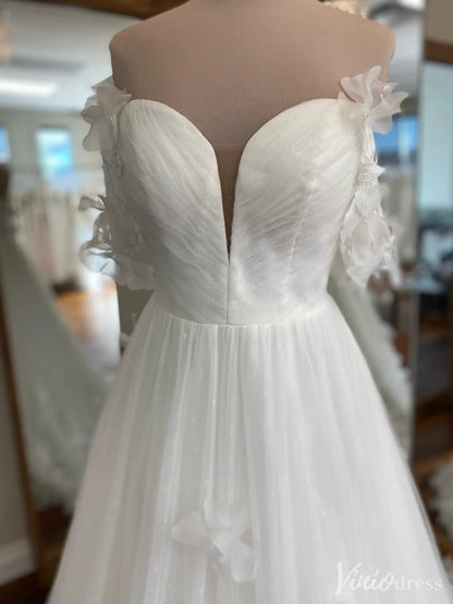 Romantic Off-Shoulder Tulle Wedding Dress with 3D Floral Appliqués – VW2566-wedding dresses 2025 -Viniodress-Ivory-Custom Size-