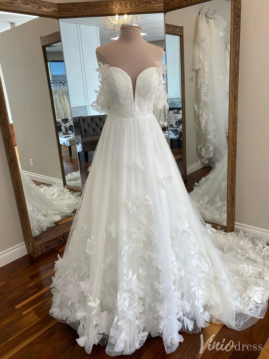 Romantic Off-Shoulder Tulle Wedding Dress with 3D Floral Appliqués – VW2566-wedding dresses 2025 -Viniodress-Ivory-Custom Size-
