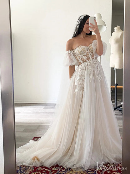 Romantic Off-Shoulder Tulle Wedding Dress with Detachable Puff Sleeves – VW2521-wedding dresses 2025 -Viniodress-Champagne-Custom Size-