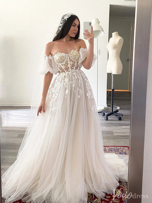 Romantic Off-Shoulder Tulle Wedding Dress with Detachable Puff Sleeves – VW2521-wedding dresses 2025 -Viniodress-Champagne-Custom Size-