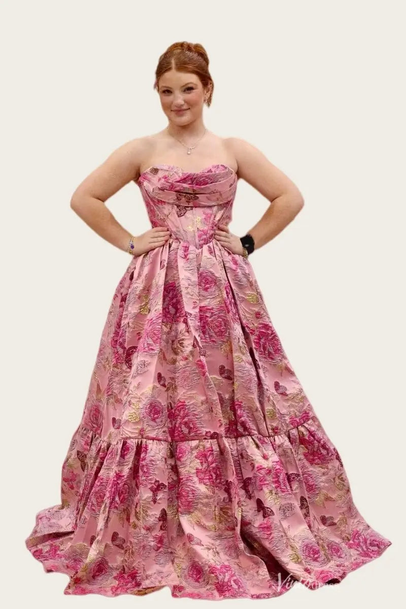 Romantic Pink Floral Jacquard Prom Dress with Draped Cowl Neck, Corset Bodice & A-Line Skirt – JC044-prom dresses 2026-Viniodress-Pink-Custom Size – Add Measurements in Cart-