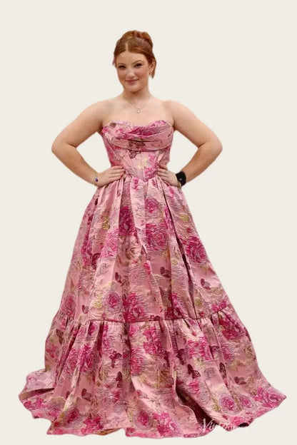 Romantic Pink Floral Jacquard Prom Dress with Draped Cowl Neck, Corset Bodice & A-Line Skirt – JC044-prom dresses 2026-Viniodress-Pink-Custom Size – Add Measurements in Cart-