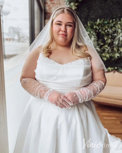 Romantic Plus Size Wedding Dress with Beaded Sweetheart Neckline, Draped Waist and Chapel Train – MS121-wedding dresses 2025 -Viniodress-Ivory-Custom Size-
