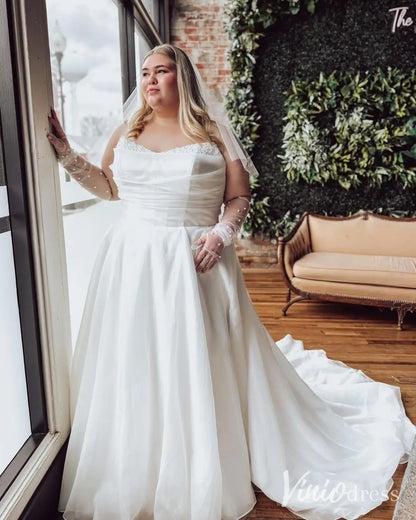 Romantic Plus Size Wedding Dress with Beaded Sweetheart Neckline, Draped Waist and Chapel Train – MS121-wedding dresses 2025 -Viniodress-Ivory-Custom Size-