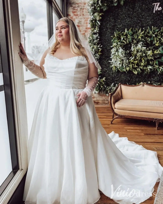 Romantic Plus Size Wedding Dress with Beaded Sweetheart Neckline, Draped Waist and Chapel Train – MS121-wedding dresses 2025 -Viniodress-Ivory-Custom Size-