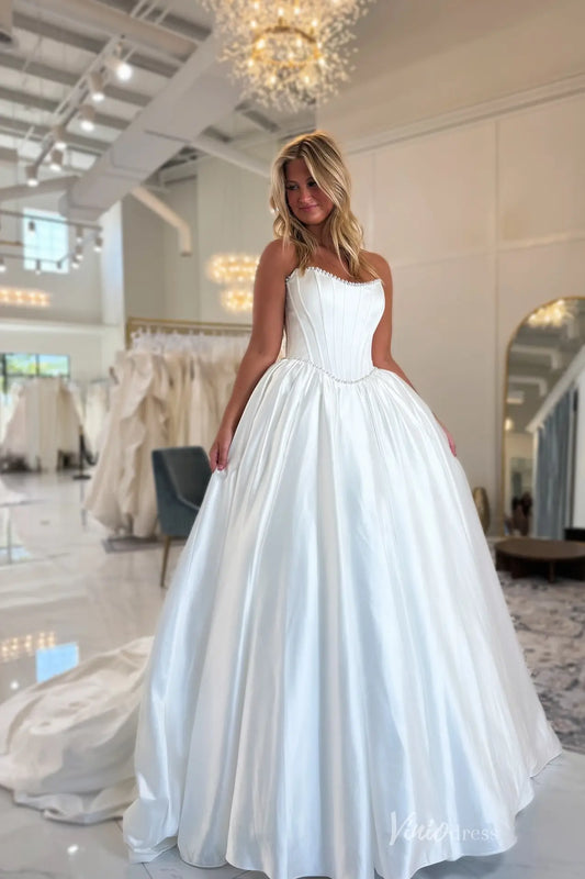 Romantic Satin Ball Gown Wedding Dress with Structured Corset Bodice, Beaded Neckline & Chapel Train – MS138