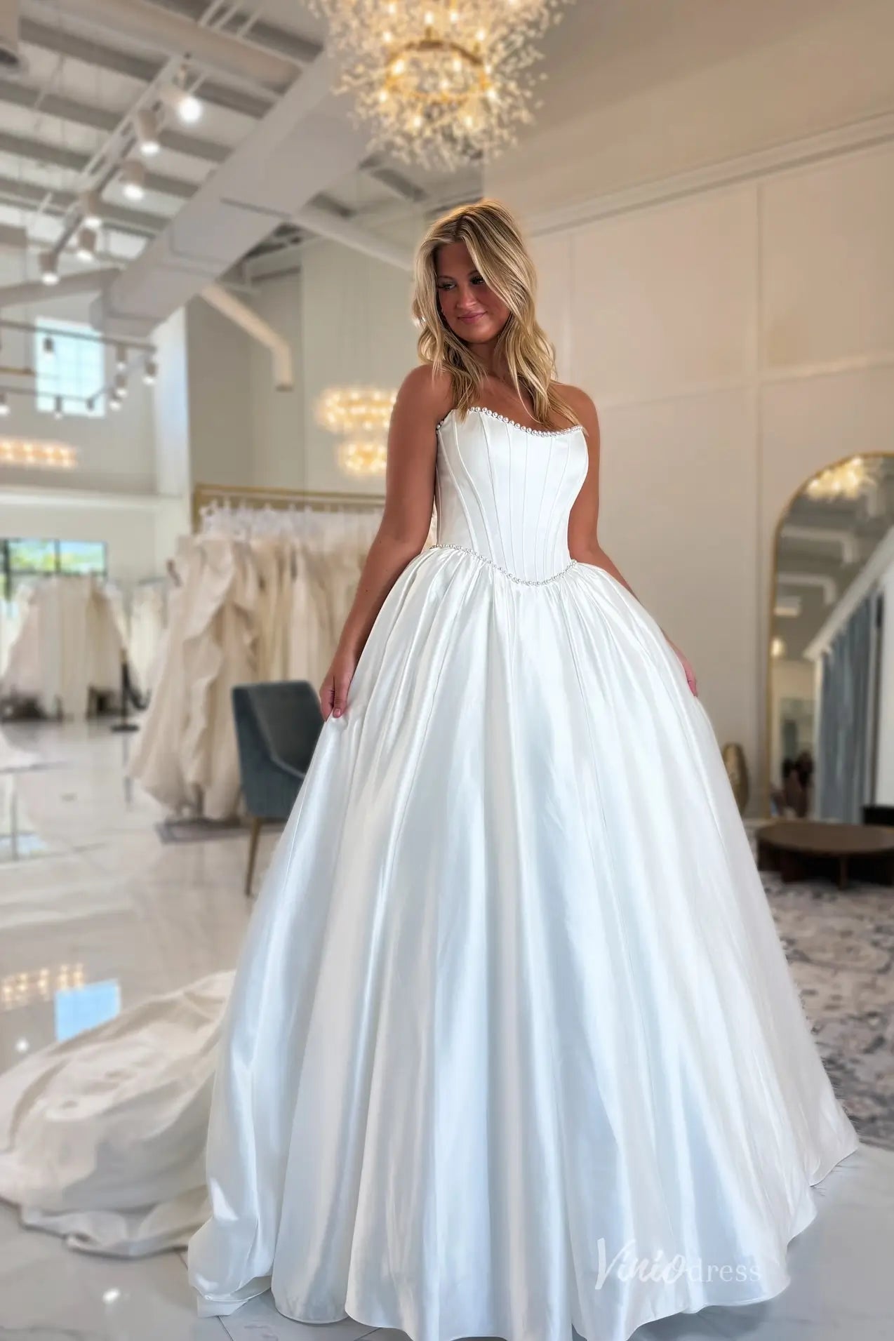Romantic Satin Ball Gown Wedding Dress with Structured Corset Bodice, Beaded Neckline & Chapel Train – MS138
