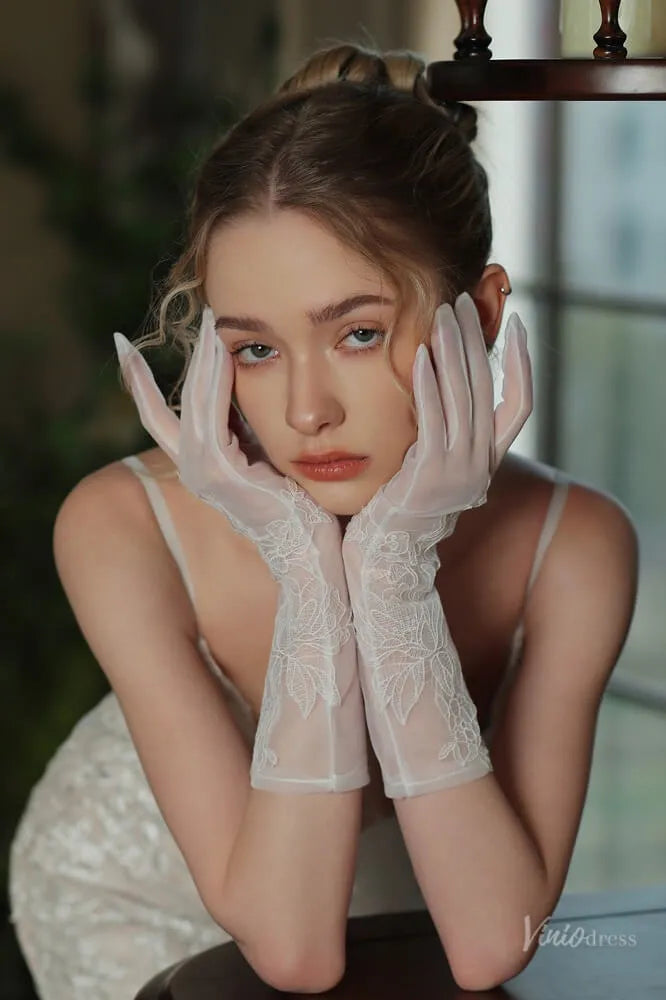 Romantic Sheer 3/4 Bridal Gloves with Lace Appliques WG147-Bridal Gloves 2026-Viniodress-Ivory-