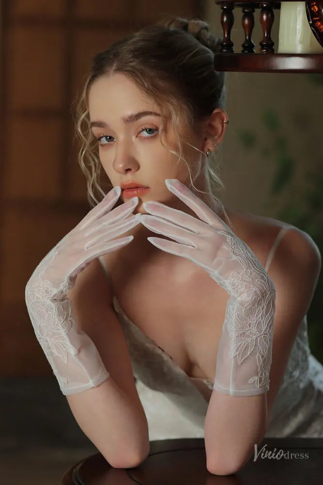 Romantic Sheer 3/4 Bridal Gloves with Lace Appliques WG147-Bridal Gloves 2026-Viniodress-Ivory-