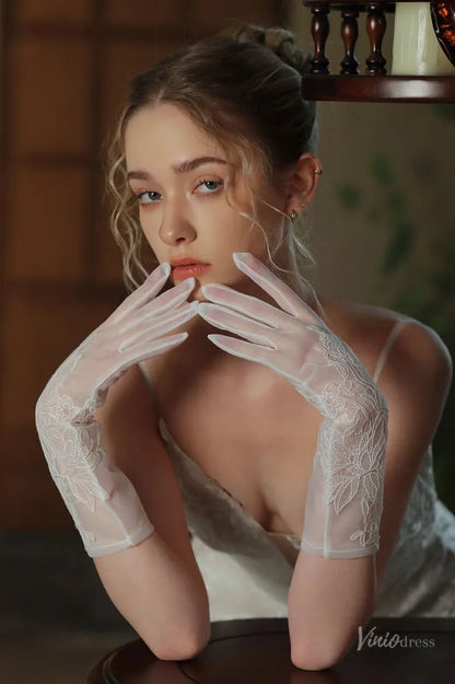 Romantic Sheer 3/4 Bridal Gloves with Lace Appliques WG147-Bridal Gloves 2026-Viniodress-Ivory-