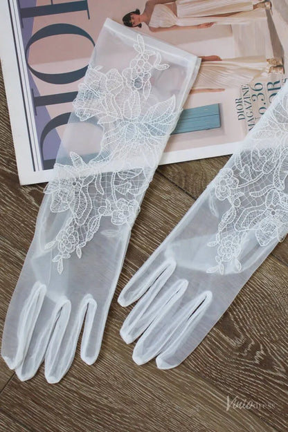 Romantic Sheer 3/4 Bridal Gloves with Lace Appliques WG147-Bridal Gloves 2026-Viniodress-Ivory-