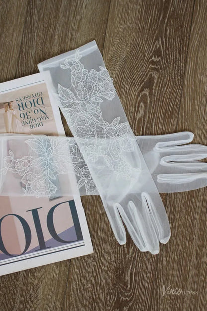 Romantic Sheer 3/4 Bridal Gloves with Lace Appliques WG147-Bridal Gloves 2026-Viniodress-Ivory-