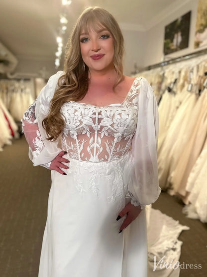 Romantic Sheer Lace Wedding Dress with Slit, Bishop Sleeves, and Chapel Train – VW2589-wedding dresses 2025 -Viniodress-White-Custom Size-