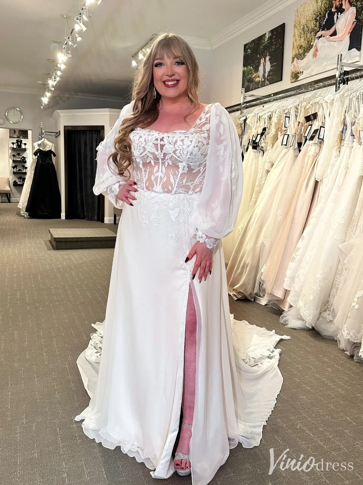 Romantic Sheer Lace Wedding Dress with Slit, Bishop Sleeves, and Chapel Train – VW2589-wedding dresses 2025 -Viniodress-White-Custom Size-
