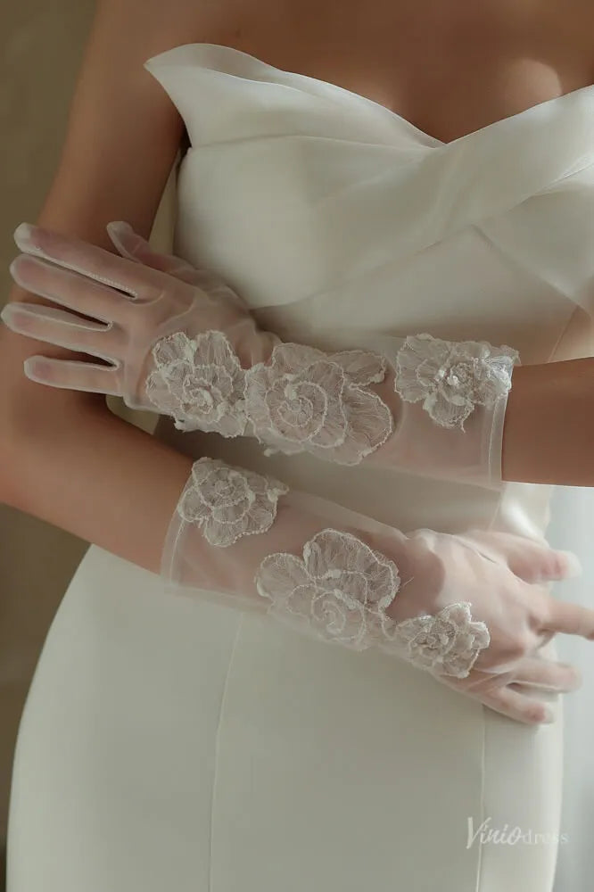 Romantic Sheer Tulle 3/4 Bridal Gloves with Fower Appliques WG145-Bridal Gloves 2026-Viniodress-Ivory-