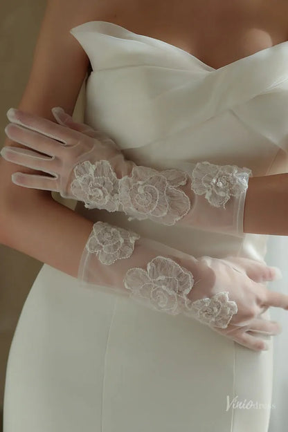 Romantic Sheer Tulle 3/4 Bridal Gloves with Fower Appliques WG145-Bridal Gloves 2026-Viniodress-Ivory-
