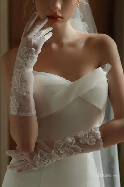 Romantic Sheer Tulle 3/4 Bridal Gloves with Fower Appliques WG145-Bridal Gloves 2026-Viniodress-Ivory-