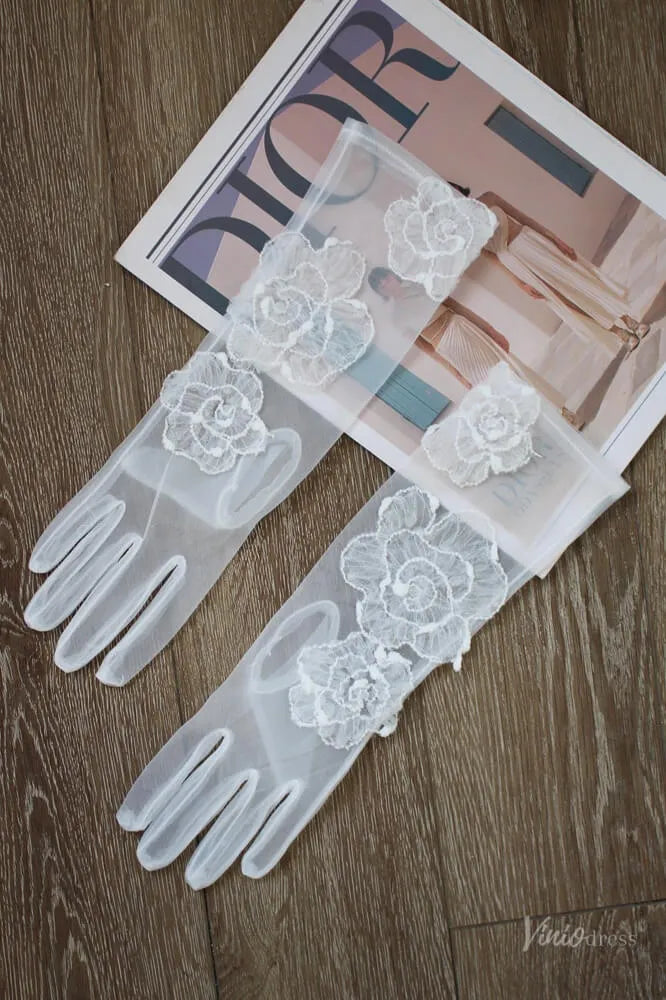 Romantic Sheer Tulle 3/4 Bridal Gloves with Fower Appliques WG145-Bridal Gloves 2026-Viniodress-Ivory-