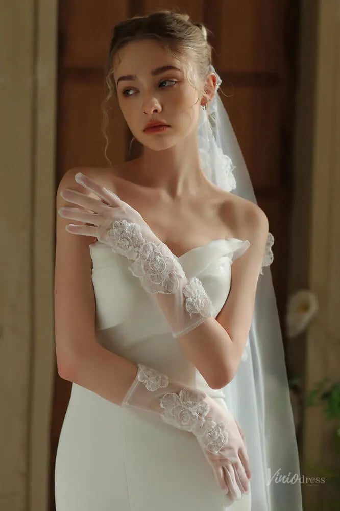 Romantic Sheer Tulle 3/4 Bridal Gloves with Fower Appliques WG145-Bridal Gloves 2026-Viniodress-Ivory-