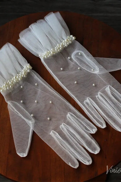 Romantic Short Bridal Gloves in Sheer Tulle with Pearls WG091-Bridal Gloves 2026-Viniodress-Ivory-