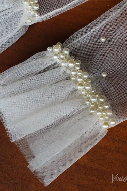 Romantic Short Bridal Gloves in Sheer Tulle with Pearls WG091-Bridal Gloves 2026-Viniodress-Ivory-