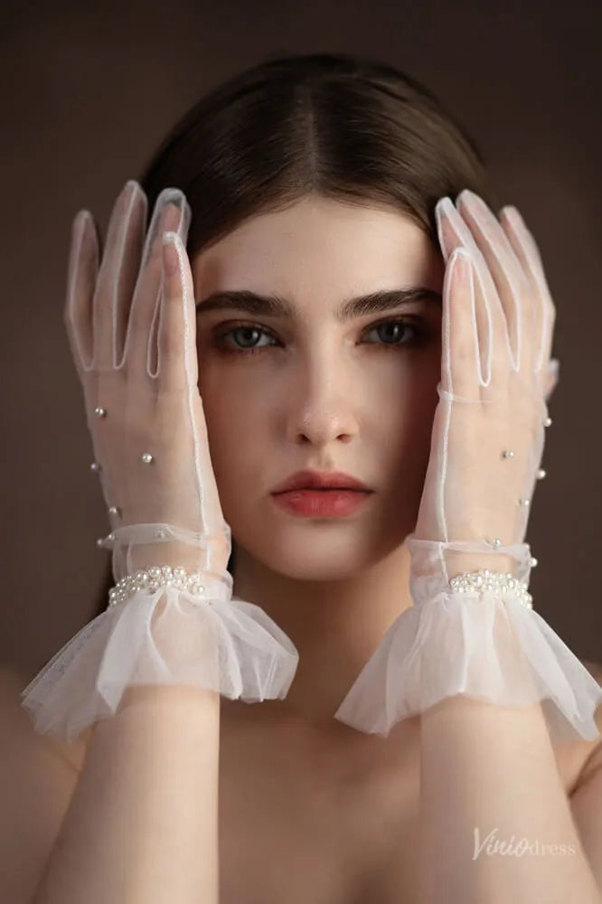 Romantic Short Bridal Gloves in Sheer Tulle with Pearls WG091-Bridal Gloves 2026-Viniodress-Ivory-